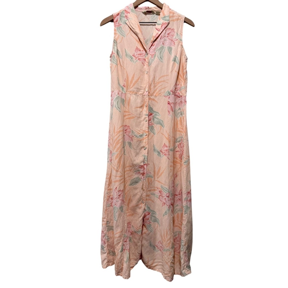 Vtg Tommy Bahama Linen Silk Floral Maxi Dress Sz M Pink Button Front Resort